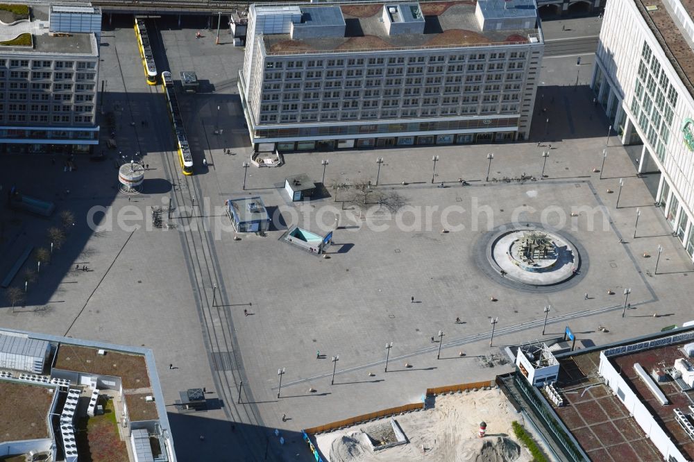 Berlin from above - Crises are emtier ensemble space Alexanderplatz in the inner city center in the district Mitte in Berlin, Germany