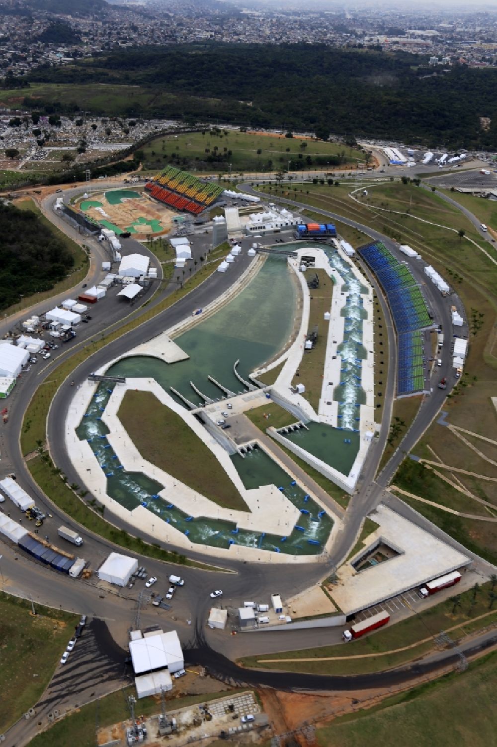 Rio de Janeiro from the bird's eye view: Sports Centre and canoe water sports racetrack on Deodoro Sports Complex before the summer Olympic Games of the XXI. Olympics in Rio de Janeiro in Brazil