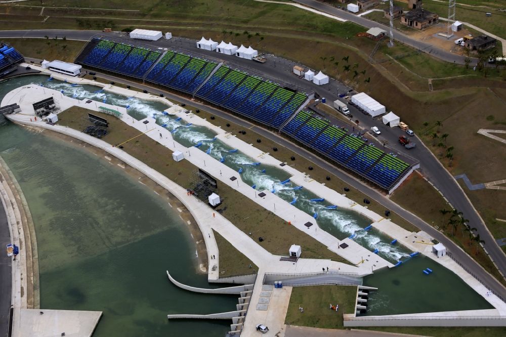 Aerial image Rio de Janeiro - Sports Centre and canoe water sports racetrack on Deodoro Sports Complex before the summer Olympic Games of the XXI. Olympics in Rio de Janeiro in Brazil