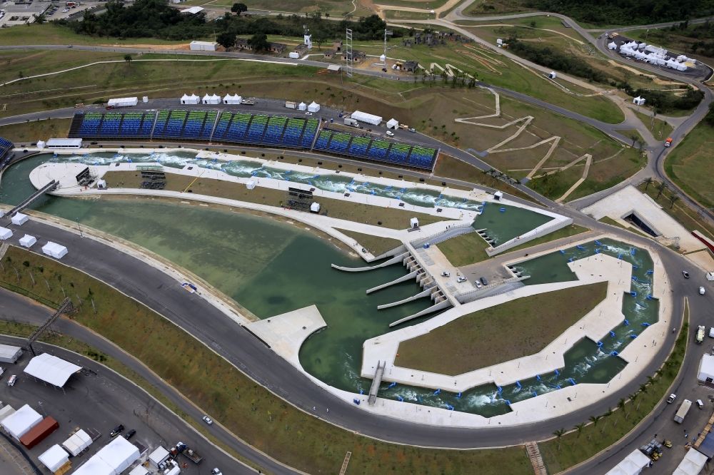 Aerial photograph Rio de Janeiro - Sports Centre and canoe water sports racetrack on Deodoro Sports Complex before the summer Olympic Games of the XXI. Olympics in Rio de Janeiro in Brazil