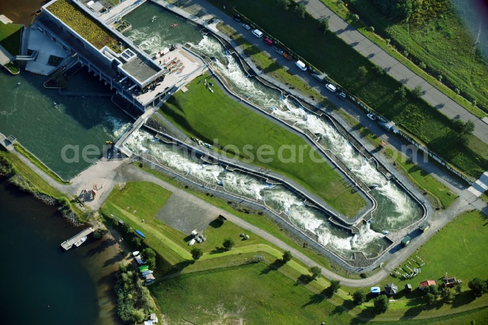 Markkleeberg from the bird's eye view: Sports Centre and canoe water sports racetrack Kanupark Markkleeberg on Wildwasserkehre in Markkleeberg in the state Saxony, Germany