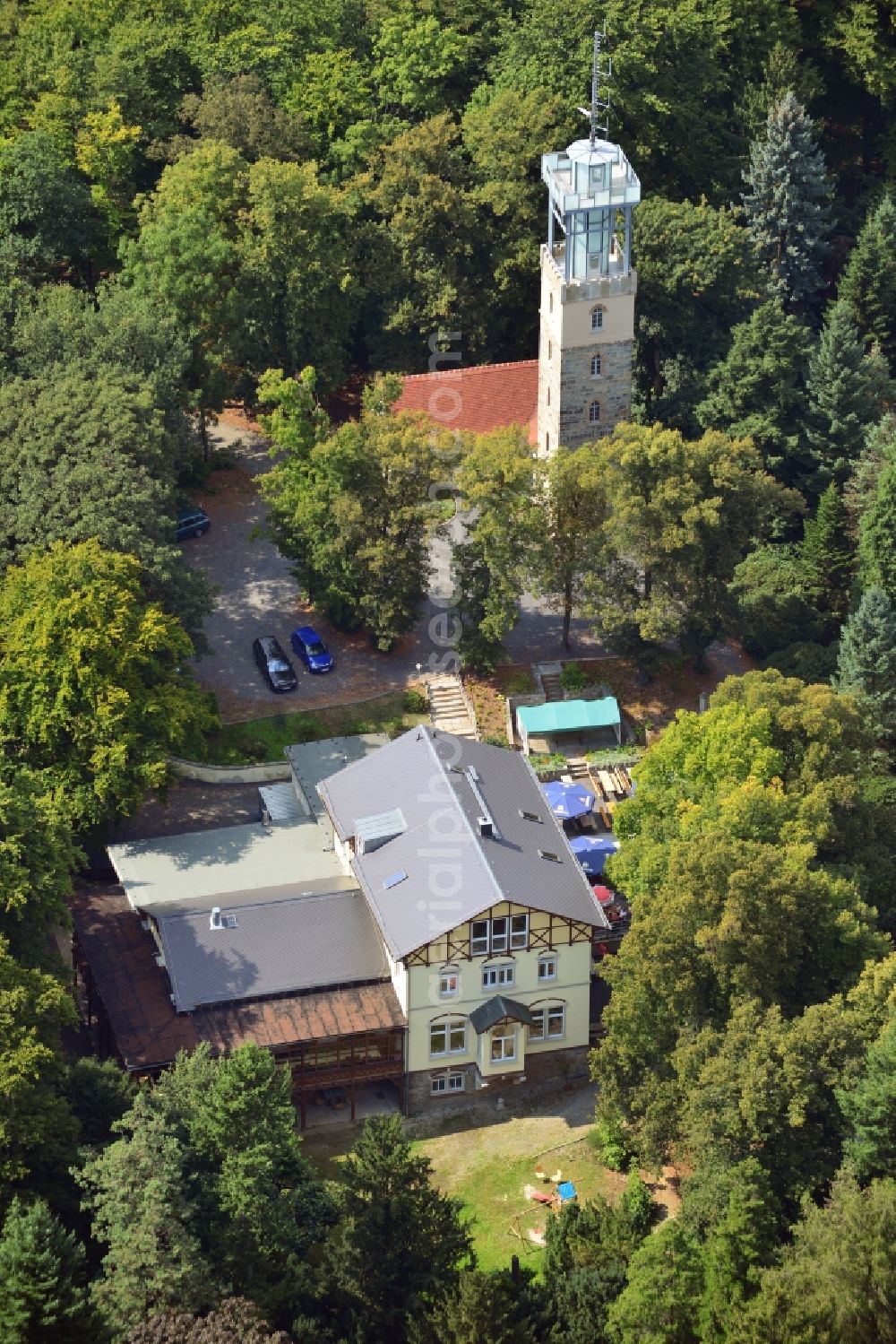 Aerial image Kamenz - View of the Lessing- tower and the Hutbergrestaurant on Hutberg in Kamenz in Saxony