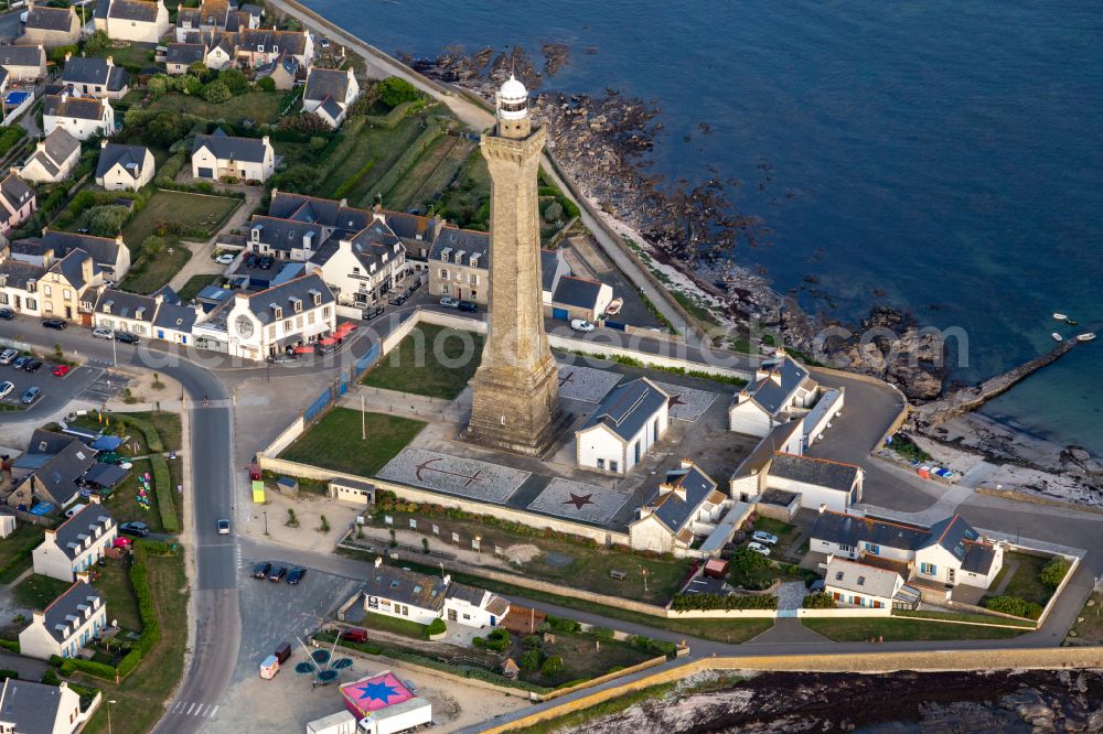 Penmarc'h from the bird's eye view: Historic Lighthouses Phare d'Eckmuehl at the atlantic coast on street Rue du Phare in Penmarc'h in Brittany, France