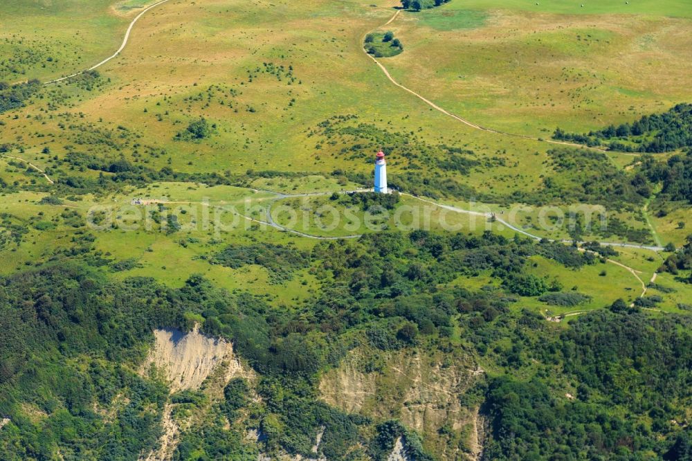 Insel Hiddensee from above - Lighthouse as a historic seafaring character Im Dornbuschwald on island Insel Hiddensee in the state Mecklenburg - Western Pomerania, Germany