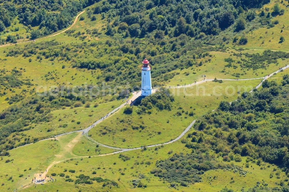 Insel Hiddensee from the bird's eye view: Lighthouse as a historic seafaring character Im Dornbuschwald on island Insel Hiddensee in the state Mecklenburg - Western Pomerania, Germany