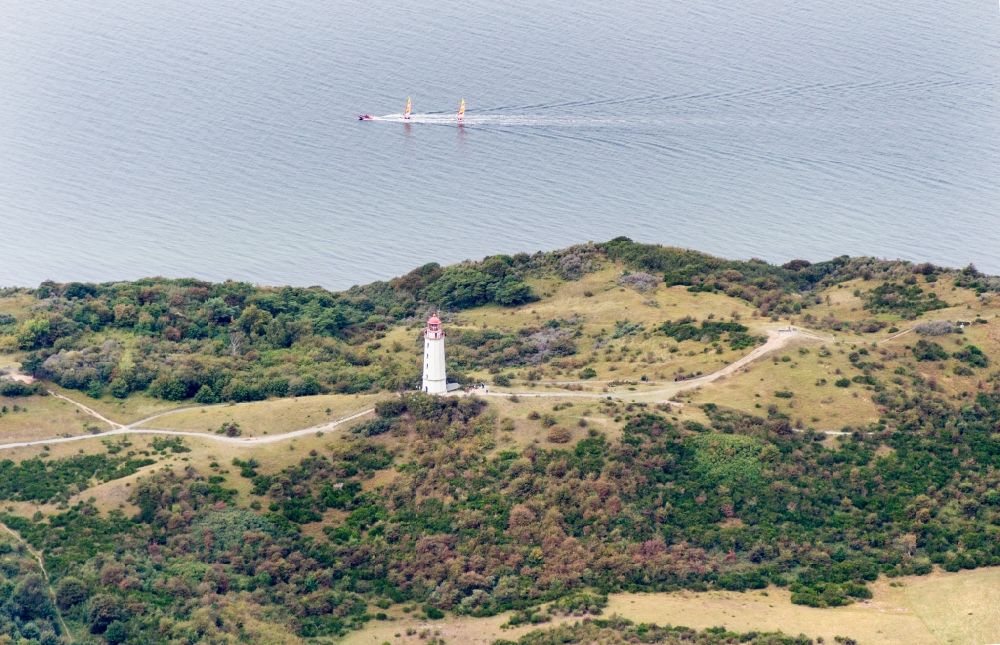 Aerial photograph Insel Hiddensee - Lighthouse as a historic seafaring character Im Dornbuschwald on island Insel Hiddensee in the state Mecklenburg - Western Pomerania, Germany