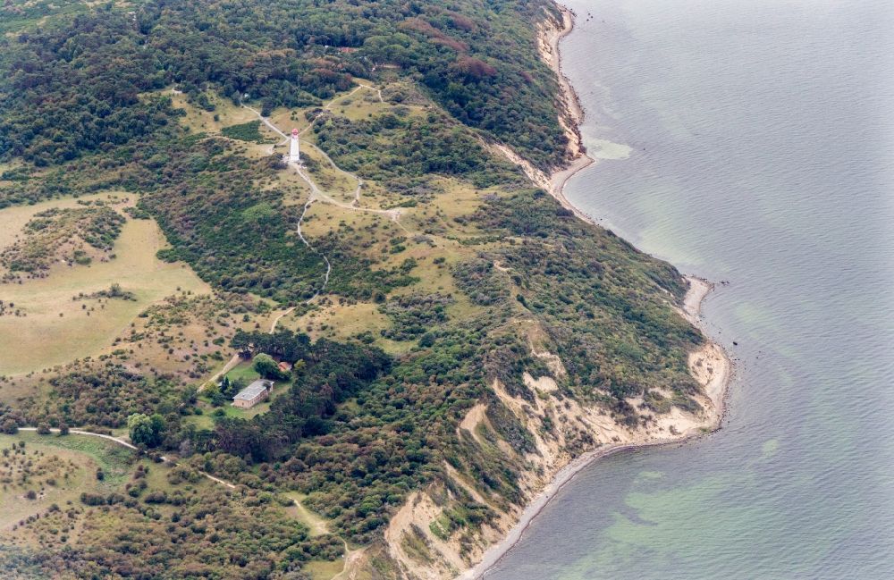 Insel Hiddensee from above - Lighthouse as a historic seafaring character Im Dornbuschwald on island Insel Hiddensee in the state Mecklenburg - Western Pomerania, Germany