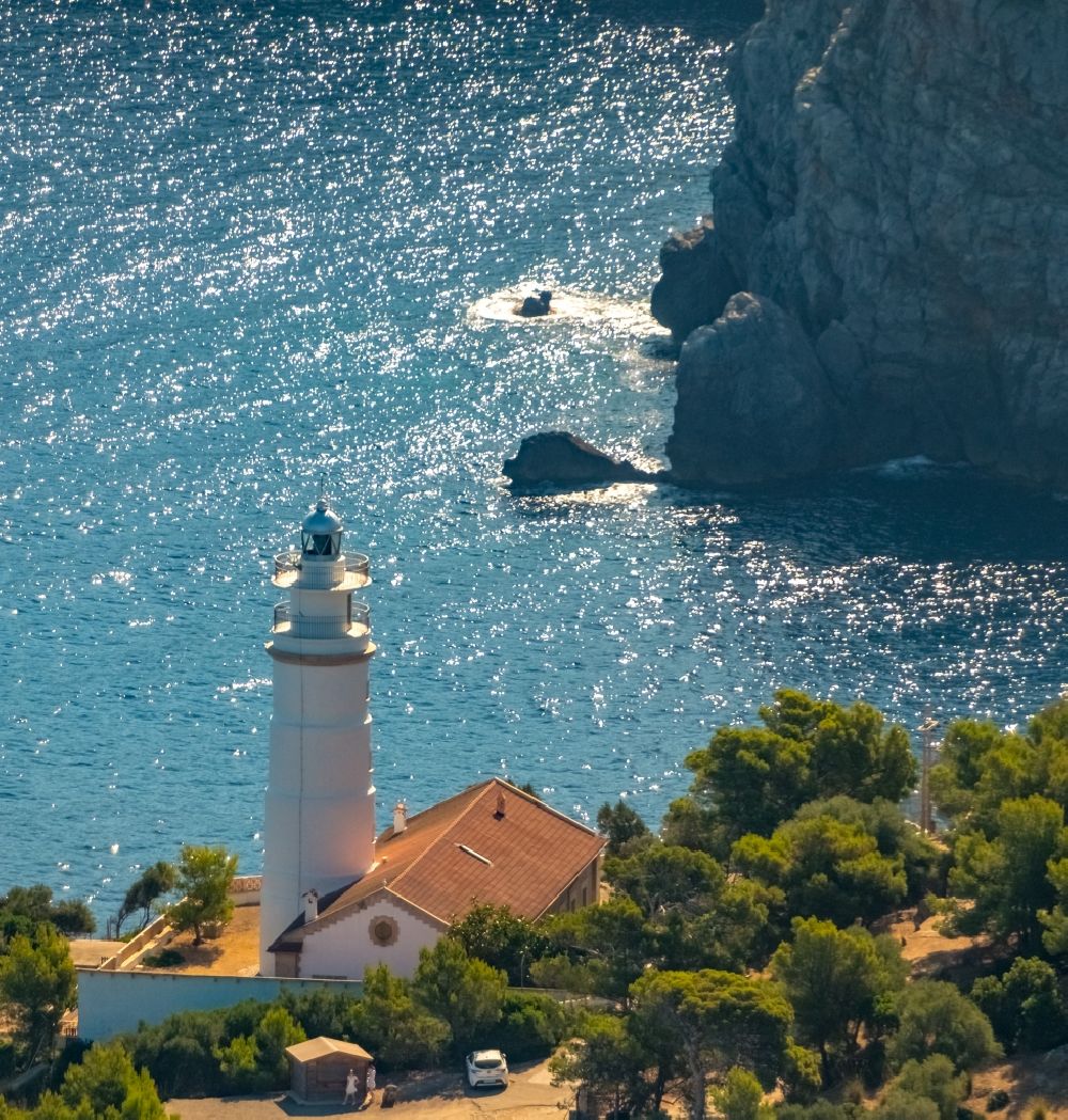 Aerial photograph Soller - Lighthouse as a historic seafaring character Far del Cap Gros at the coastal area in Soller in Balearic island of Mallorca, Spain
