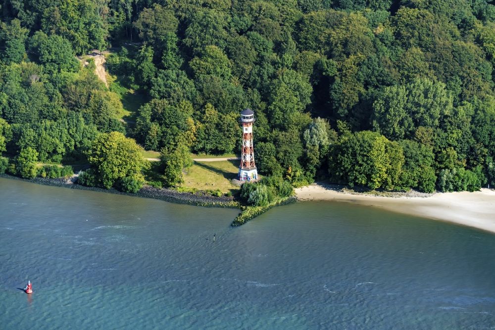 Aerial image Hamburg - Lighthouse as a historic seafaring character in the coastal area of Elbe Rissen Unterfeuer Seezeichen in Hamburg, Germany