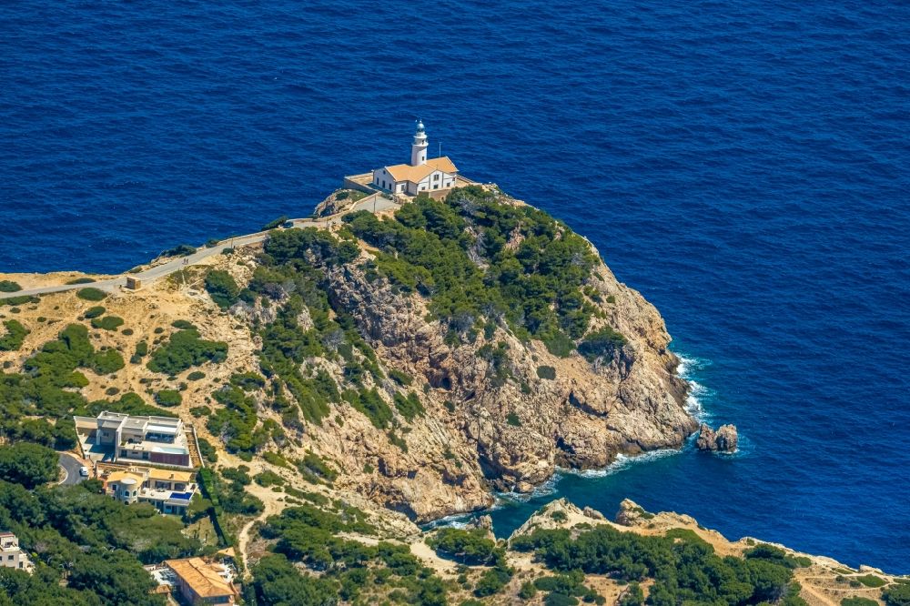 Capdepera from above - Lighthouse as a historic seafaring character in the coastal area Faro de Capdepera on Carrer de sa Comassa in Capdepera in Balearic island of Mallorca, Spain