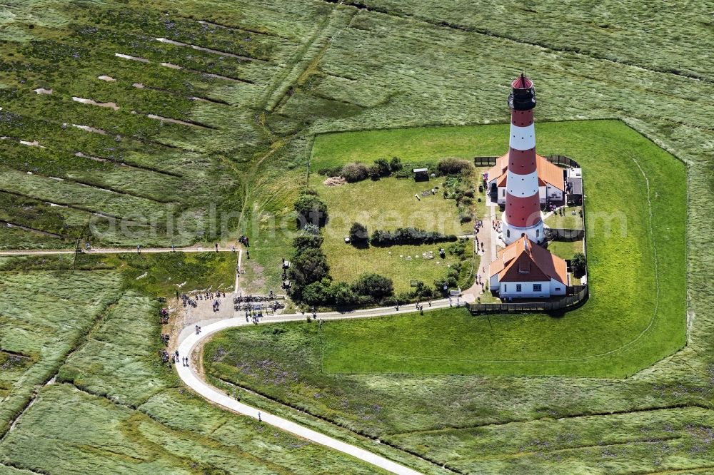 Aerial image Westerhever - Lighthouse as a historic seafaring character in the coastal area of North Sea in the district Hauert in Westerhever in the state Schleswig-Holstein