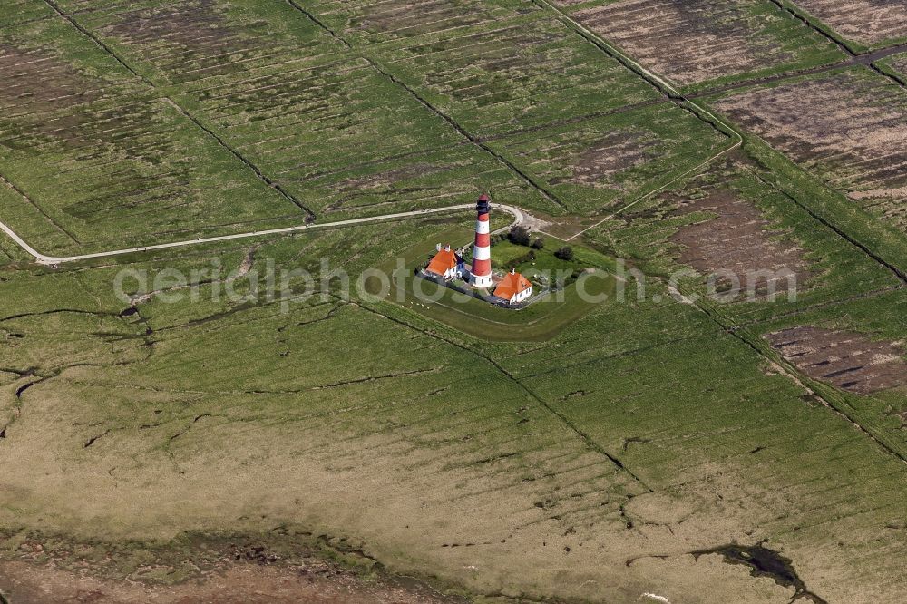 Aerial image Westerhever - Lighthouse as a historical navigation sign in the coastal area Westerheversand in the district of Hauert in Westerhever in the federal state Schleswig-Holstein