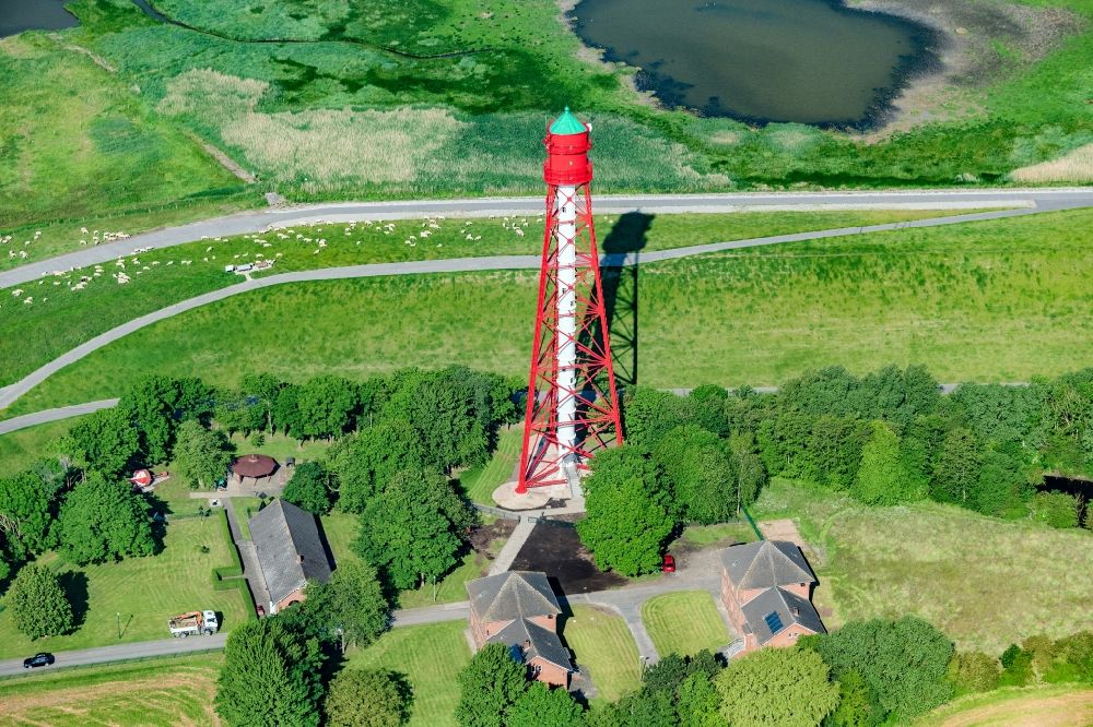 Aerial image Krummhörn - Lighthouse as a historic seafaring character Campener Leuchtturm in Krummhoern in the state Lower Saxony, Germany