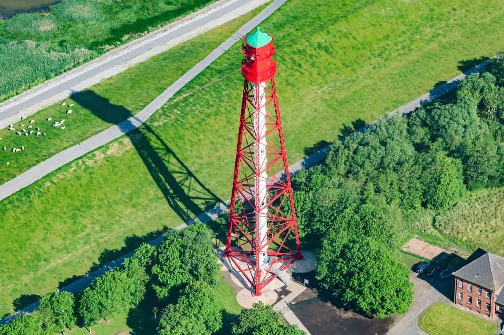 Aerial photograph Krummhörn - Lighthouse as a historic seafaring character Campener Leuchtturm in Krummhoern in the state Lower Saxony, Germany