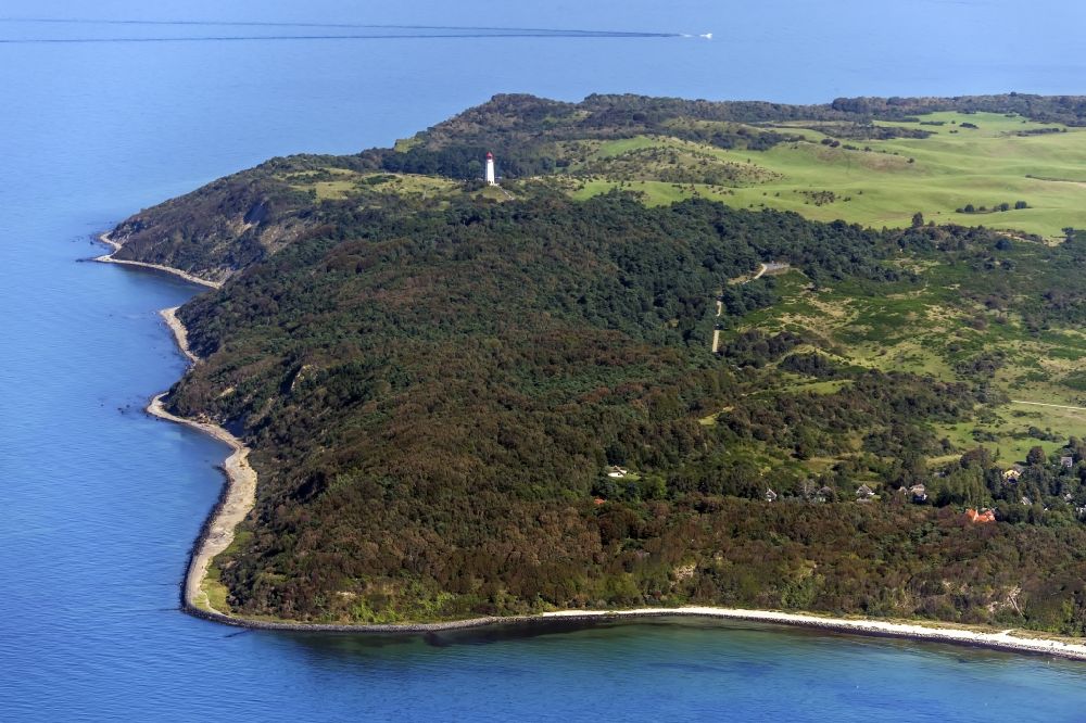 Insel Hiddensee from the bird's eye view: Lighthouse Dornbusch as a historic seafaring character in the coastal area of the baltic sea isaland Hiddensee in the state Mecklenburg - Western Pomerania