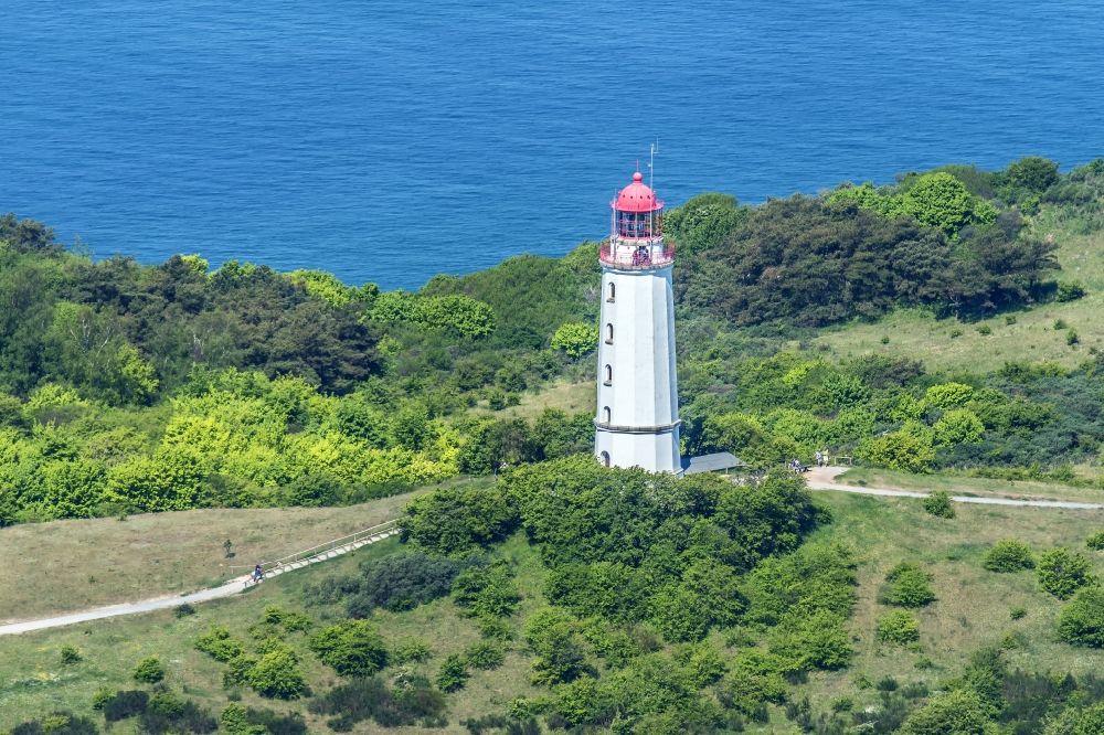 Aerial photograph Insel Hiddensee - Lighthouse Dornbusch as a historic seafaring character in the coastal area of the baltic sea isaland Hiddensee in the state Mecklenburg - Western Pomerania