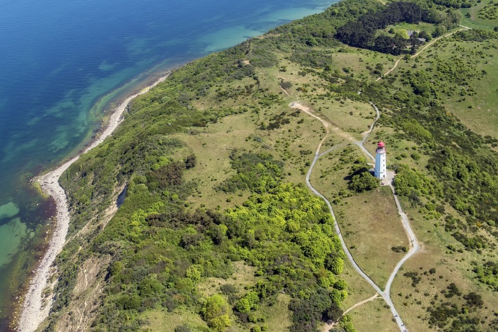 Insel Hiddensee from the bird's eye view: Lighthouse Dornbusch as a historic seafaring character in the coastal area of the baltic sea isaland Hiddensee in the state Mecklenburg - Western Pomerania