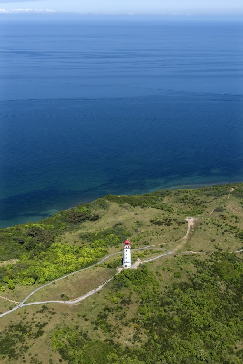 Aerial image Insel Hiddensee - Lighthouse Dornbusch as a historic seafaring character in the coastal area of the baltic sea isaland Hiddensee in the state Mecklenburg - Western Pomerania