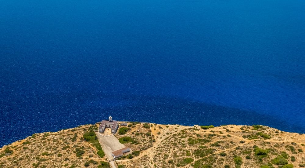 Aerial photograph Llucmajor - Lighthouse near Rock Coastline on the cliffs Far de Cap Blanc in Llucmajor in Balearische Insel Mallorca, Spain