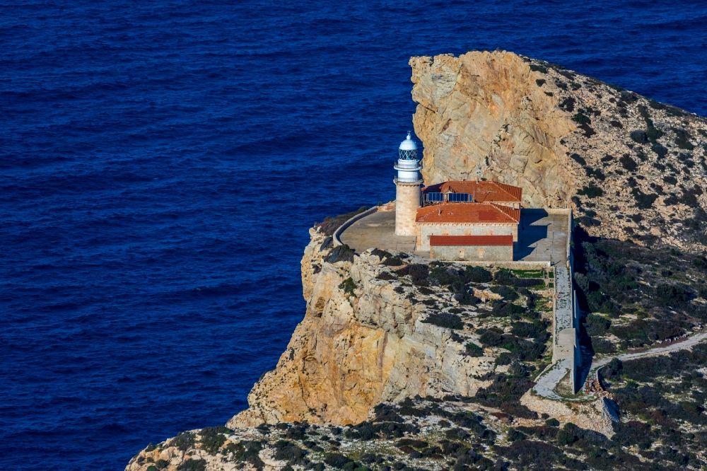 Aerial image Andratx - Lighthouse on the rocky cliffs of the Badia de Pollenca on the Mediterranean island Sa Dragonera an natural park in Andratx in Mallorca in Balearic Islands, Spain