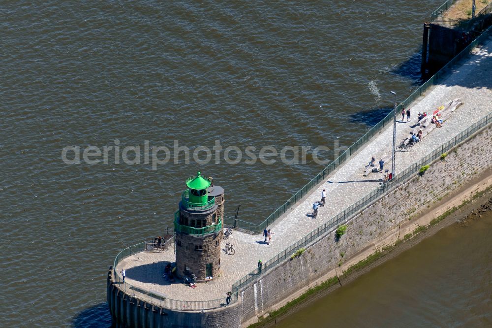 Bremen from above - Lighthouse pier light Ueberseehafen Sued Mauseturm as a historic seafaring sign in the coastal area in the district of Ueberseestadt in Bremen, Germany