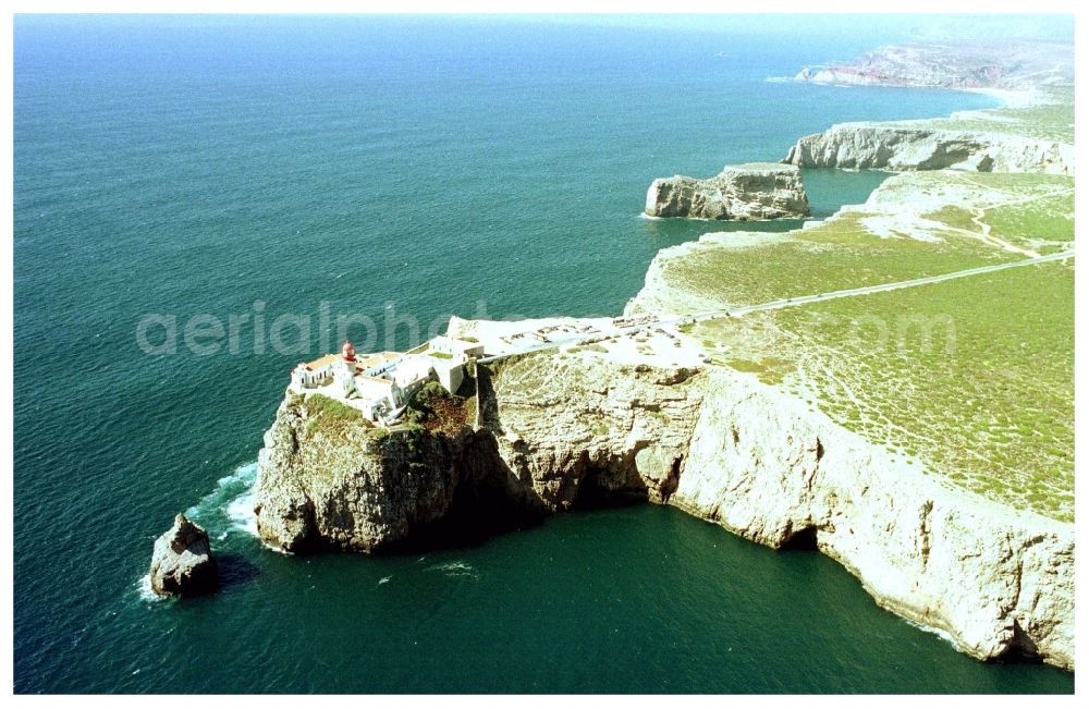 Aerial image Sagres - Lighthouse on the southwestern tip of mainland Europe - Cabo de Sao Vicente at Sagres in Portugal