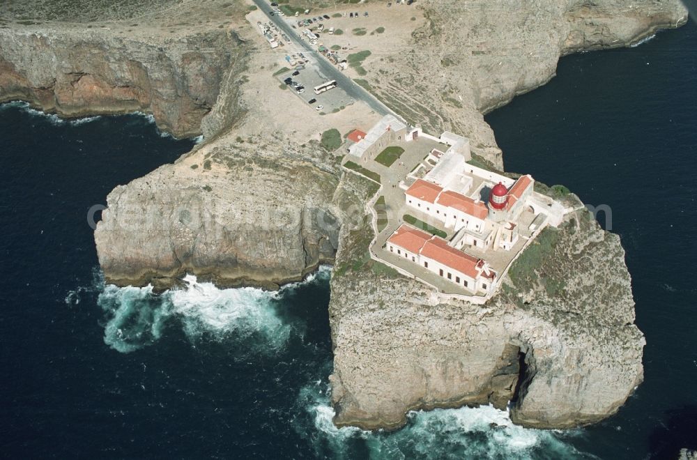 Aerial image Sagres - Lighthouse on the southwestern tip of mainland Europe - Cabo de Sao Vicente at Sagres in Portugal