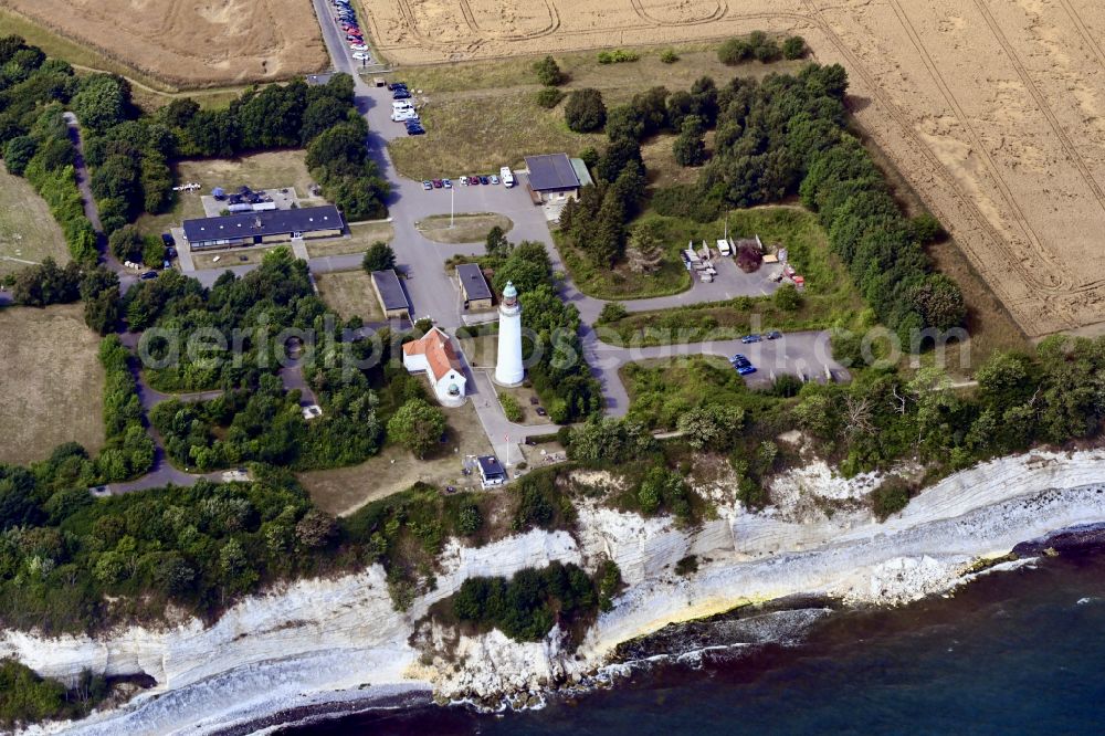 Aerial photograph Store Heddinge - Lighthouse Stevns Fyrcenter as a historic seafaring character in the coastal area in Store Heddinge in Region Sjaelland, Denmark