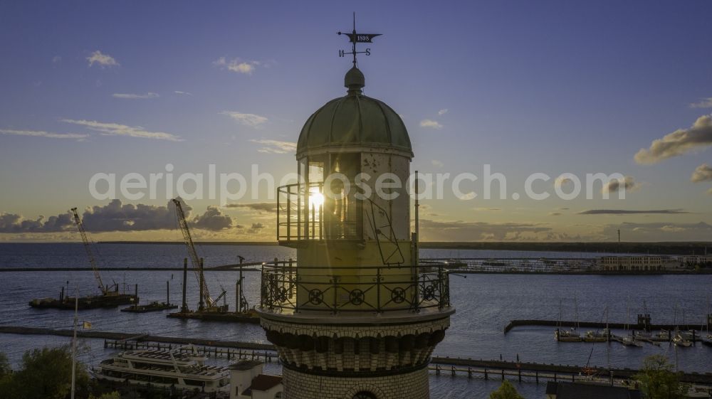 Rostock from above - Lighthouse as a historic seafaring character in the coastal area of Baltic Sea in the district Warnemuende in Rostock in the state Mecklenburg - Western Pomerania, Germany