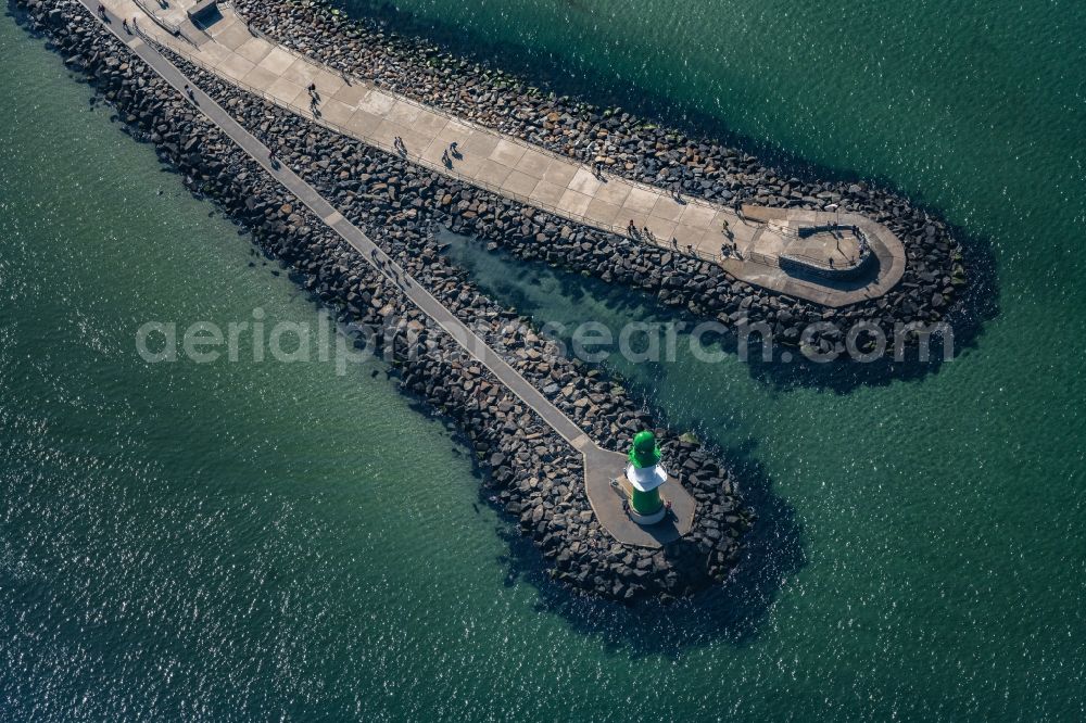 Aerial image Rostock - Lighthouse as a historic seafaring character in the coastal area of Baltic Sea in the district Warnemuende in Rostock in the state Mecklenburg - Western Pomerania, Germany