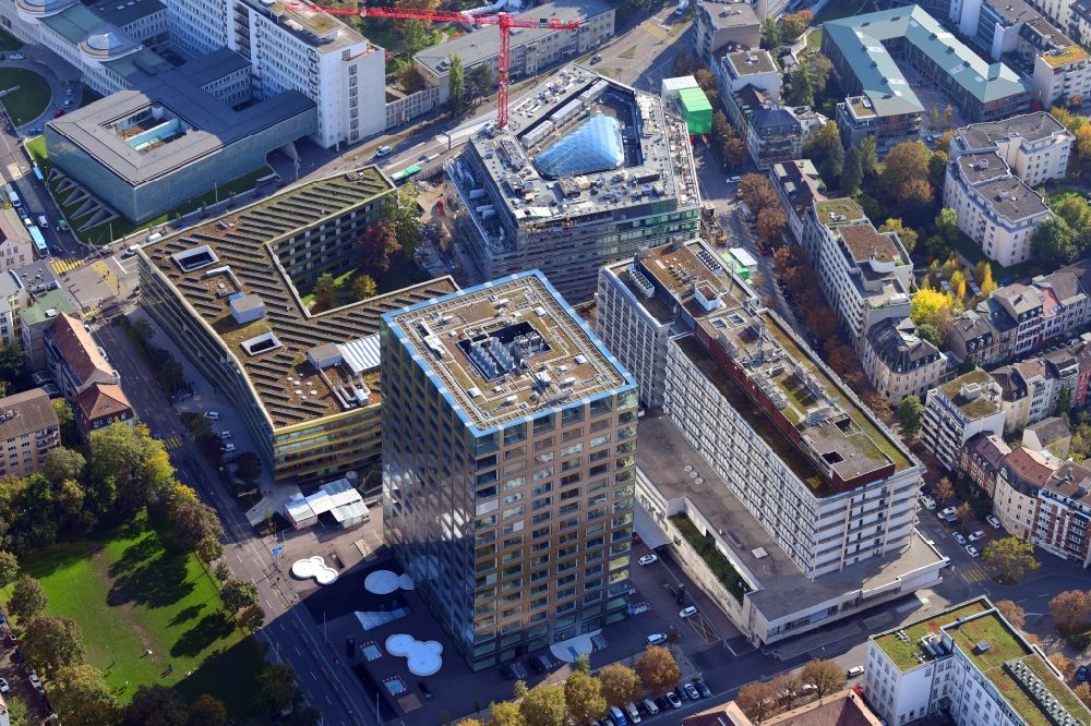 Aerial photograph Basel - Life-Sciences-Campus in the district Schaellemaetteli with high-rise building Biocenter of the university Basle and the new building Departement of Biosystems Science and Engineering D-BSSE of ETH Zuerich in Basle in Switzerland