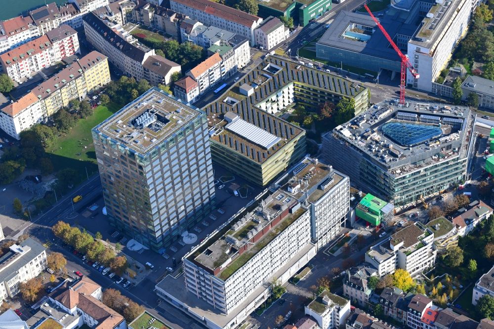 Basel from above - Life-Sciences-Campus in the district Schaellemaetteli with high-rise building Biocenter of the university Basle and the new building Departement of Biosystems Science and Engineering D-BSSE of ETH Zuerich in Basle in Switzerland