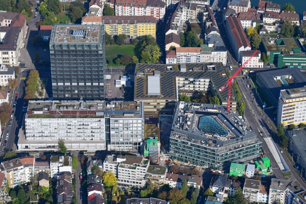 Basel from the bird's eye view: Life-Sciences-Campus in the district Schaellemaetteli with high-rise building Biocenter of the university Basle and the new building Departement of Biosystems Science and Engineering D-BSSE of ETH Zuerich in Basle in Switzerland