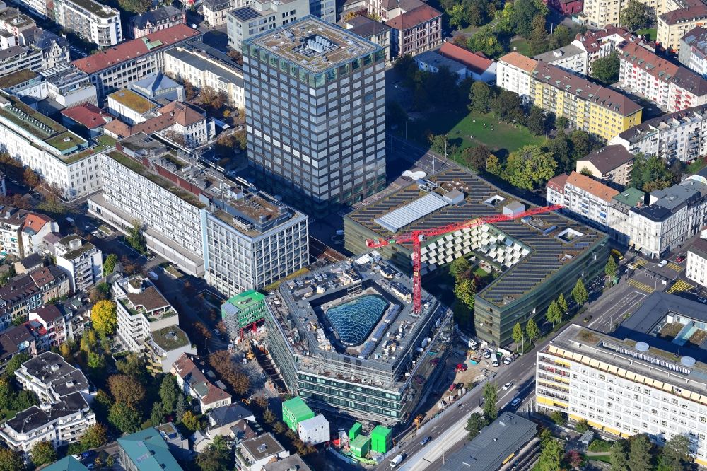 Aerial image Basel - Life-Sciences-Campus in the district Schaellemaetteli with high-rise building Biocenter of the university Basle and the new building Departement of Biosystems Science and Engineering D-BSSE of ETH Zuerich in Basle in Switzerland