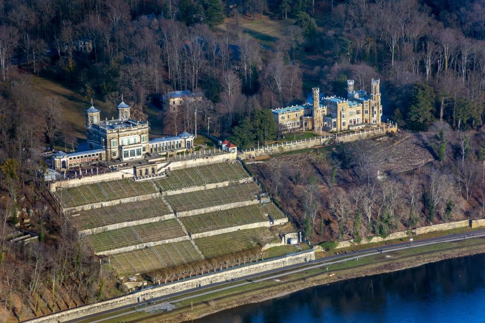 Dresden from the bird's eye view: Lingner Castle with castle grounds and terrace is a Elbschloss in Dresden in the state Saxony. It is located on the Elbhang in the district Loschwitz