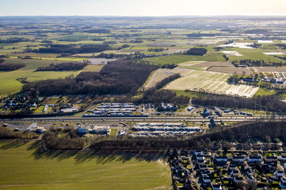Aerial photograph Hamm - Truck parking areas at the motorway rest area and parking lot of the BAB A2 in Rhynern in the Ruhr area in the state North Rhine-Westphalia, Germany