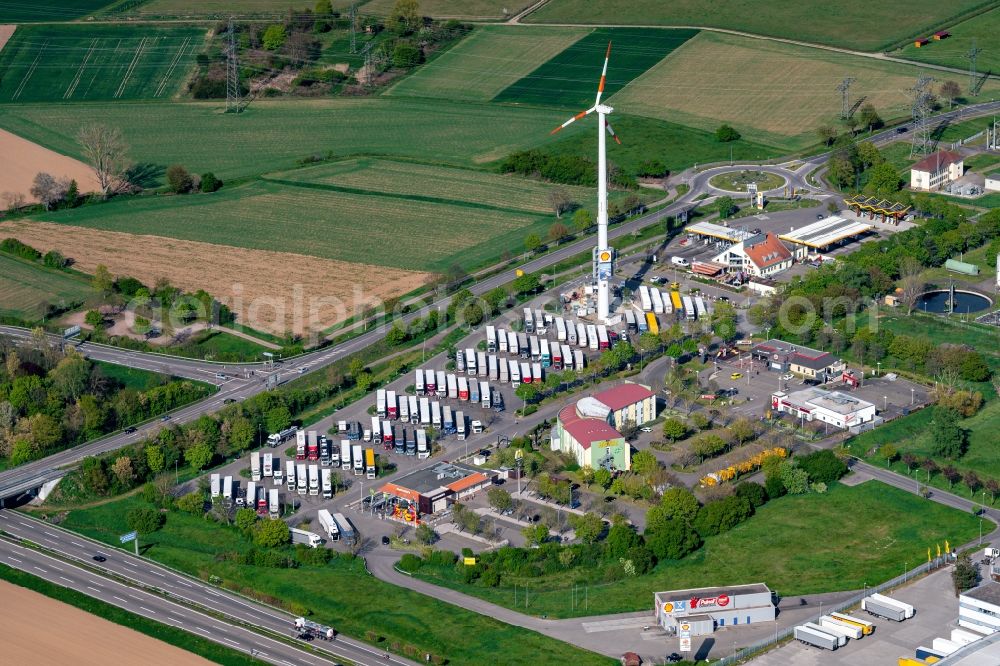 Aerial image Herbolzheim - Lorries - parking spaces at the highway rest stop and parking of the BAB A 5 in Herbolzheim in the state Baden-Wuerttemberg, Germany