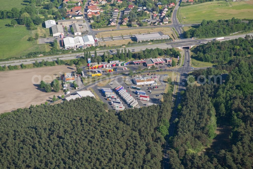 Linthe from above - Lorries - parking spaces at the highway rest stop and parking of the BAB A 9 in Linthe in the state Brandenburg, Germany