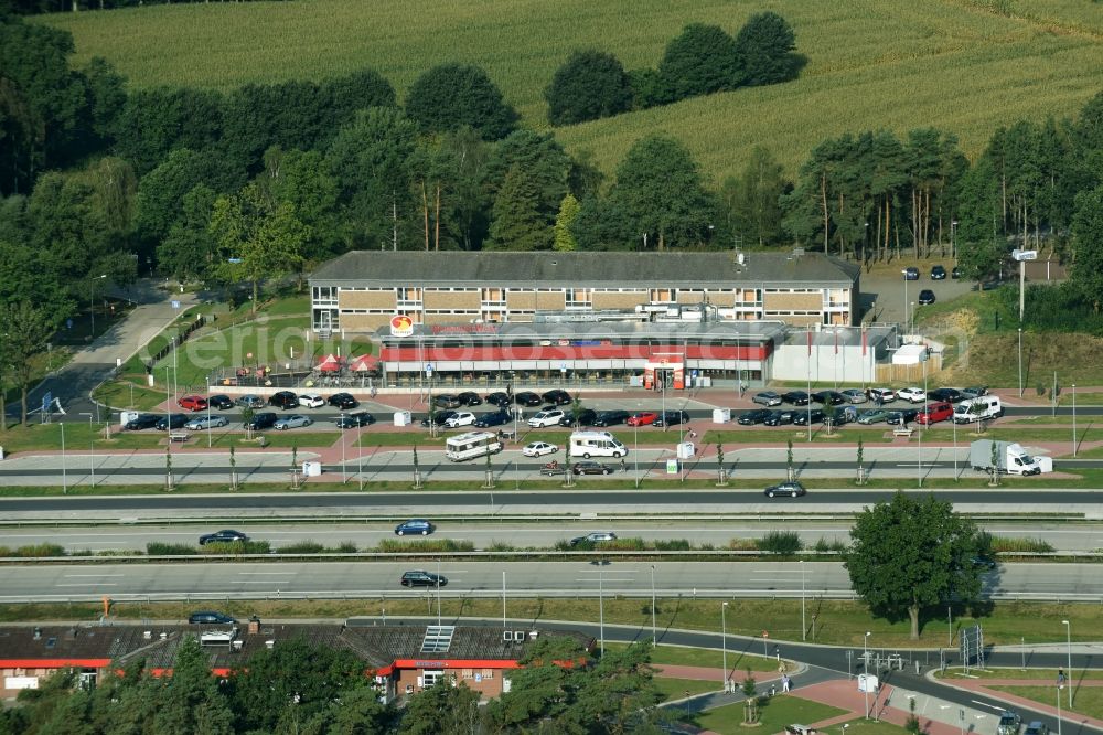 Bispingen from above - Lorries - parking spaces at the highway rest stop and parking of the BAB A 7 E45 on Raststaette Brunautal West in Bispingen in the state Lower Saxony