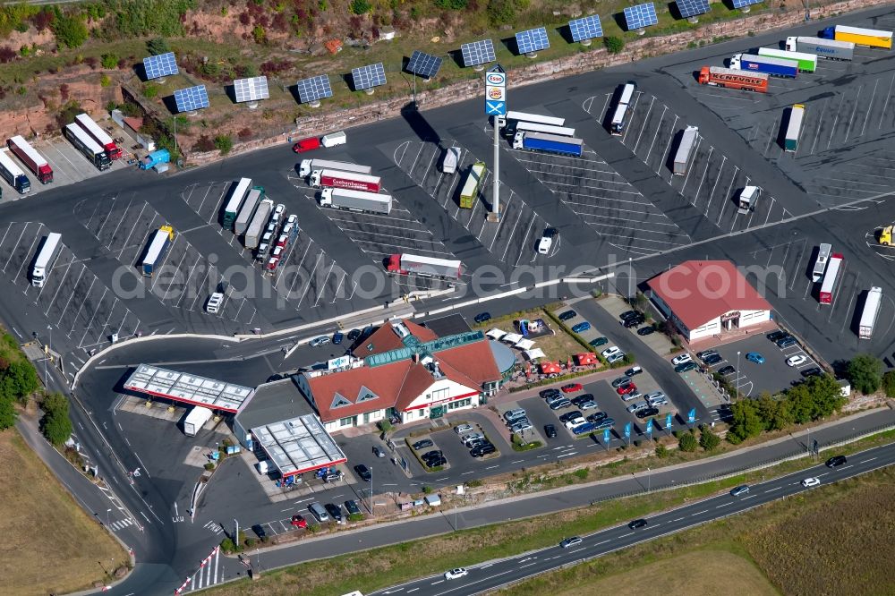 Aerial image Wertheim - Lorries - parking spaces at the highway rest stop and parking of the BAB A 3 in Wertheim in the state Baden-Wurttemberg, Germany