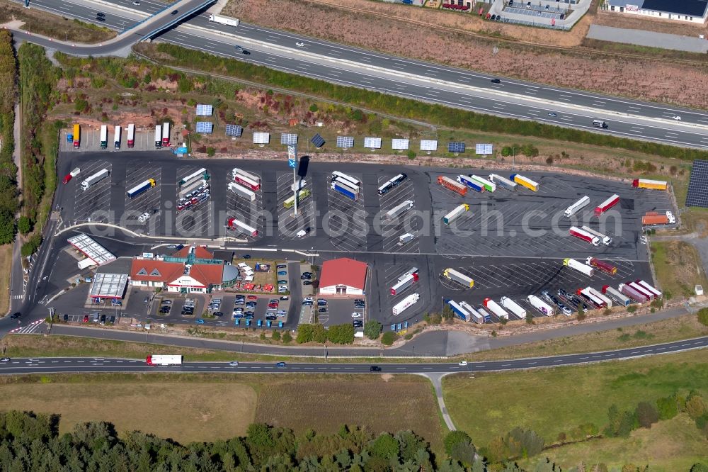Aerial photograph Wertheim - Lorries - parking spaces at the highway rest stop and parking of the BAB A 3 in Wertheim in the state Baden-Wurttemberg, Germany