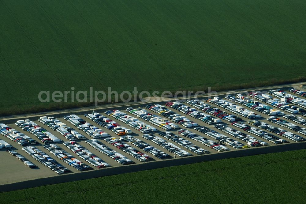 Salzfurtkapelle from above - Lorries and Truck storage areas and free-standing storage along the B6n in Salzfurtkapelle in the state Saxony-Anhalt, Germany