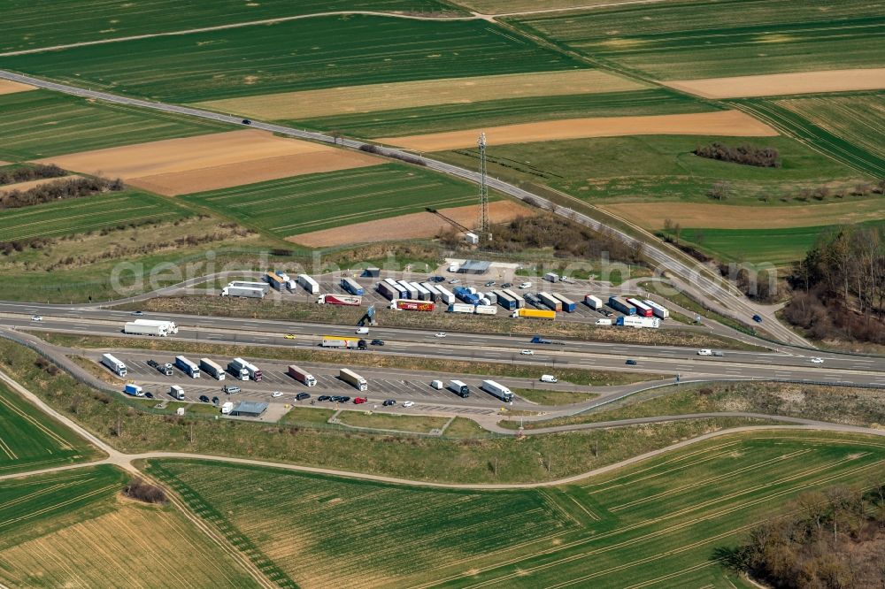 Aerial image Rutesheim - Lorries and Truck storage areas and free-standing storage A8 in Rutesheim in the state Baden-Wuerttemberg, Germany