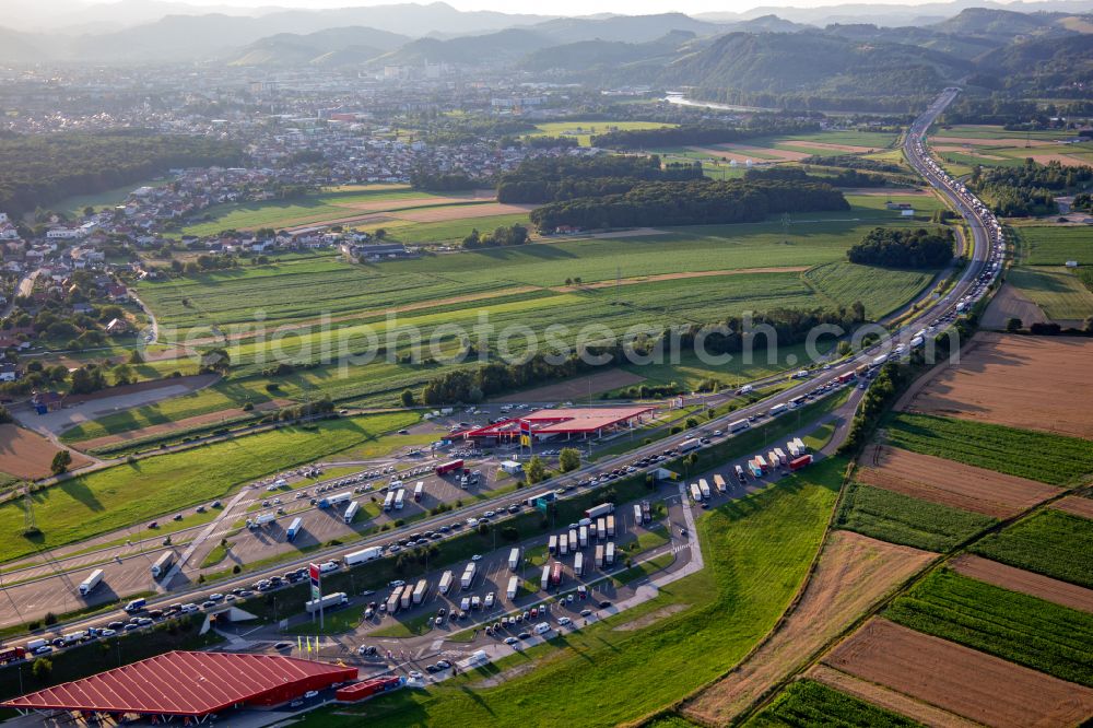 Dogose from above - Lorries - parking spaces at the highway rest stop and parking of the motorway E59 with Maribor Petrol in Zrkovci in Upravna enota Maribor, Slovenia