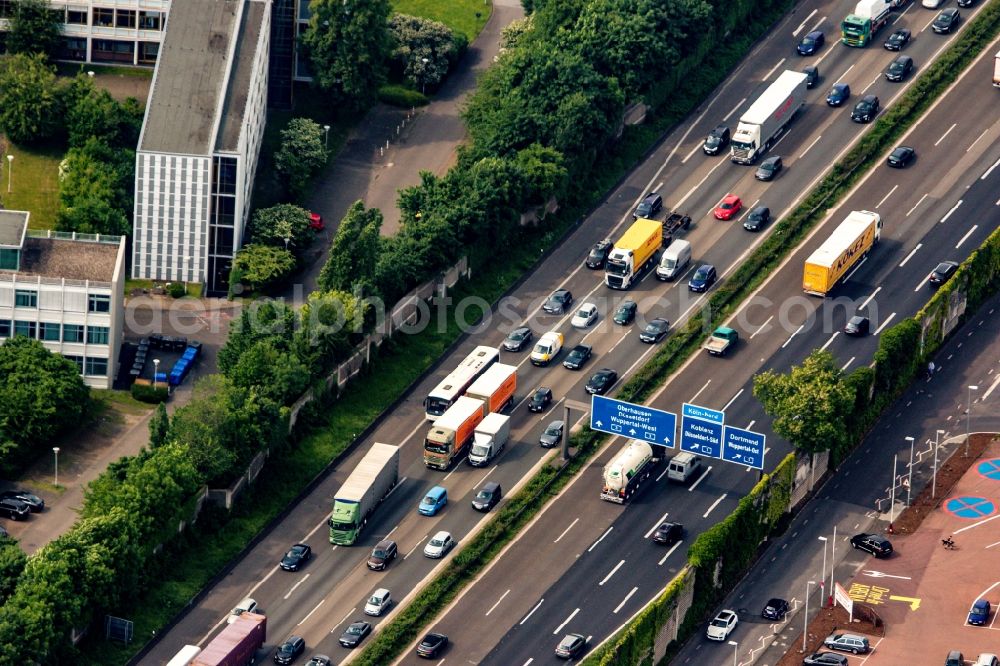 Aerial image Duisburg - Lorries freight by road along the motorway BAB A3 in Duisburg in the state North Rhine-Westphalia, Germany