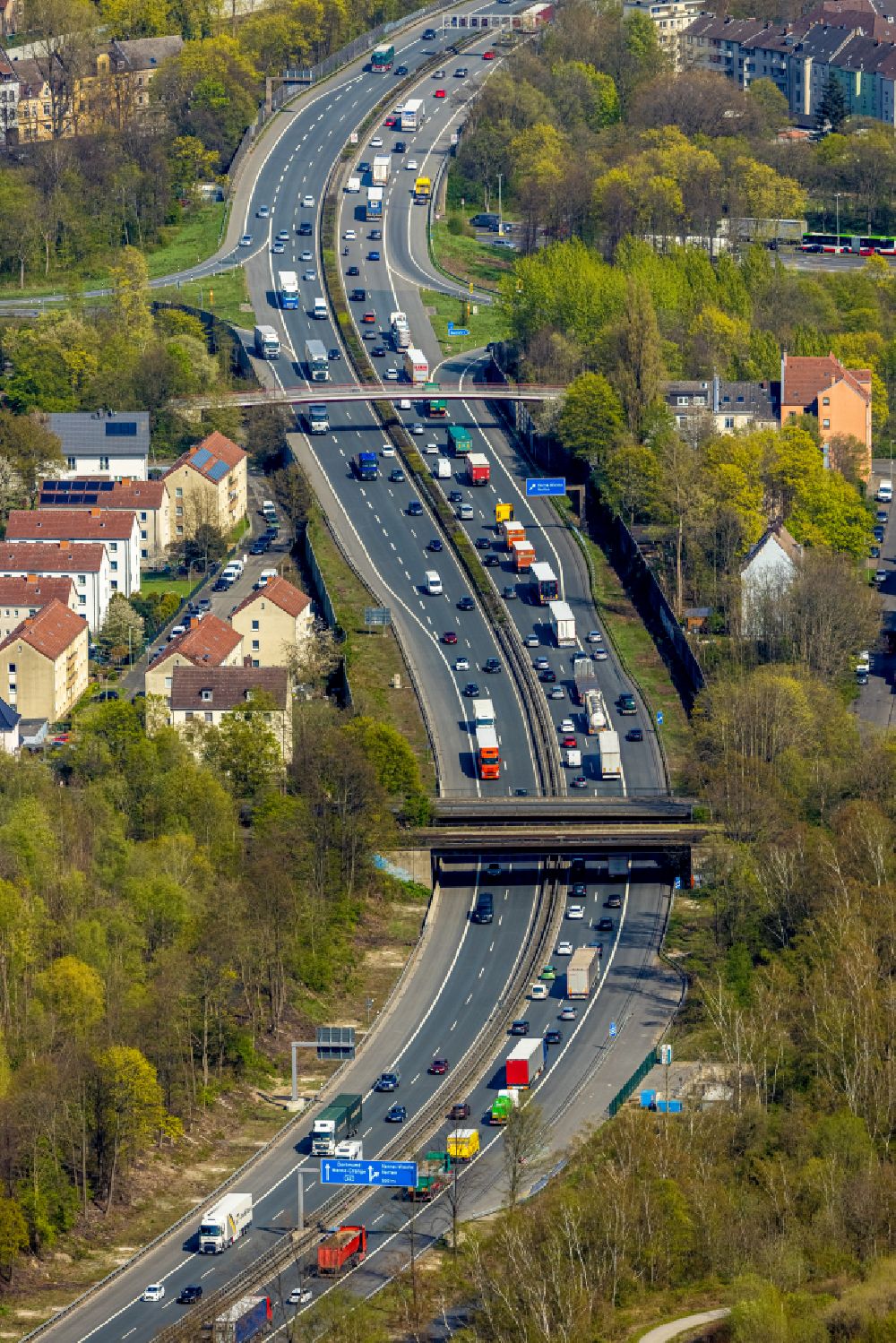 Herne from the bird's eye view: Lorries crowded in traffic jams in the lanes of the route of the motorway BAB A42 in the district Wanne-Eickel in Herne at Ruhrgebiet in the state North Rhine-Westphalia, Germany