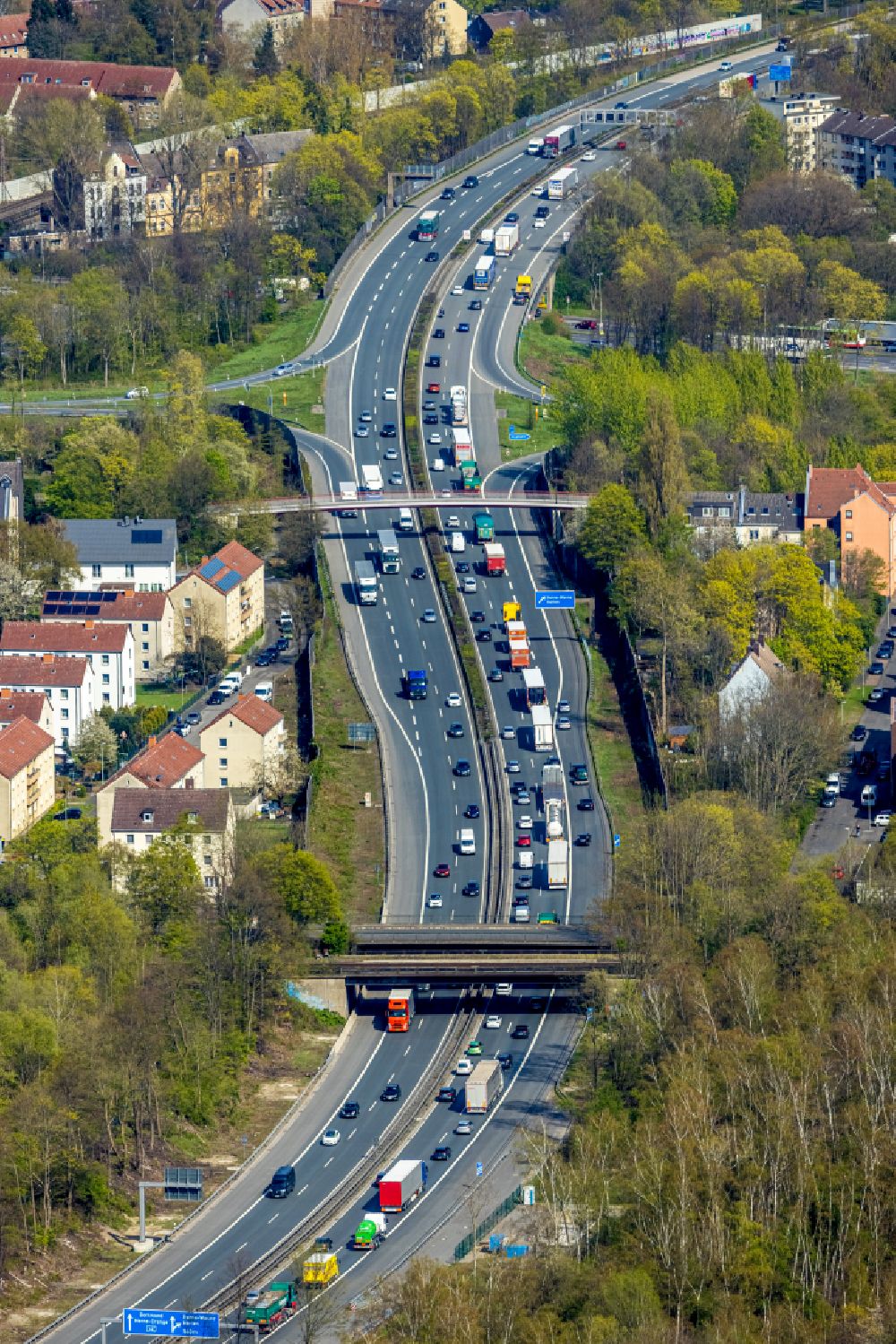 Aerial image Herne - Lorries crowded in traffic jams in the lanes of the route of the motorway BAB A42 in the district Wanne-Eickel in Herne at Ruhrgebiet in the state North Rhine-Westphalia, Germany