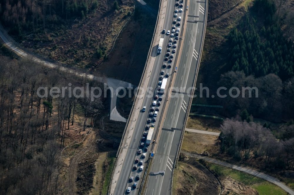 Aerial photograph sterbecke - Lorries crowded in traffic jams on the lanes of the route of the Autobahn BAB 45 on the valley bridge Sterbecke in Sterbecke in the state North Rhine-Westphalia, Germany