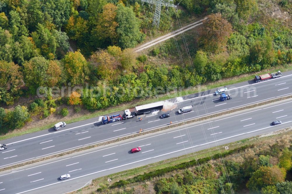 Aerial image Nörten-Hardenberg - Traffic accident with highway traffic jam on the route of Autobahn A7 in Noerten-Hardenberg in the state Lower Saxony, Germany