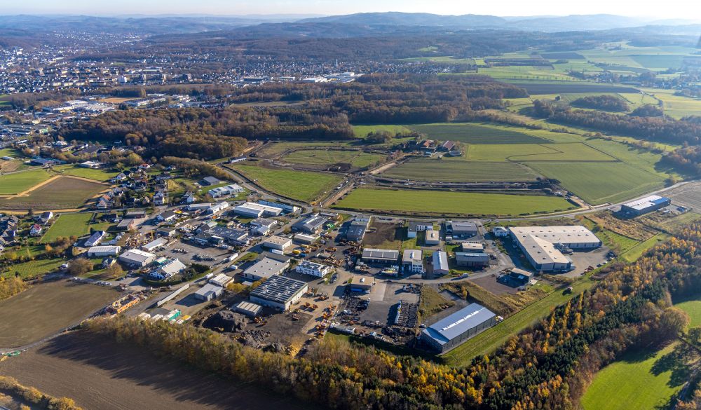 Halingen from above - Industrial and commercial area on the edge of agricultural fields and fields in Halingen in the state North Rhine-Westphalia, Germany